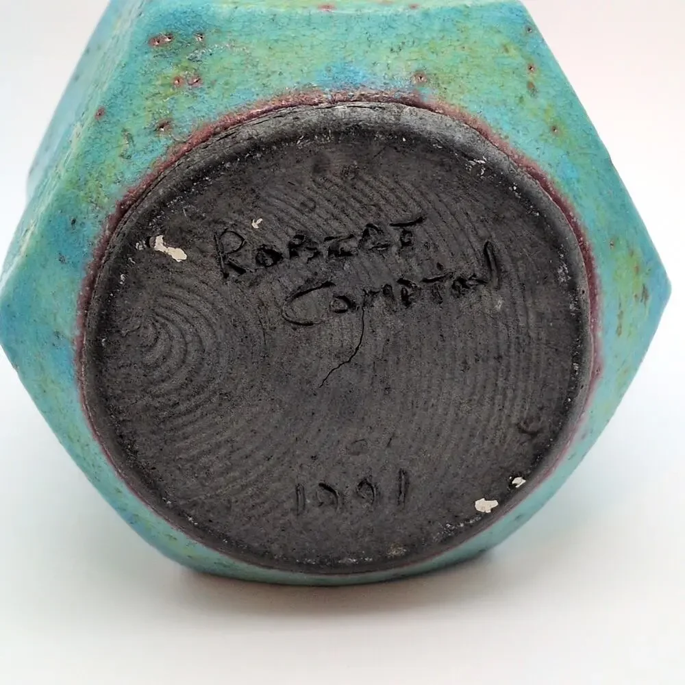 Robert Compton Studio Raku Pottery Small Blue Vase 1991 Vintage Signed - 4.5in